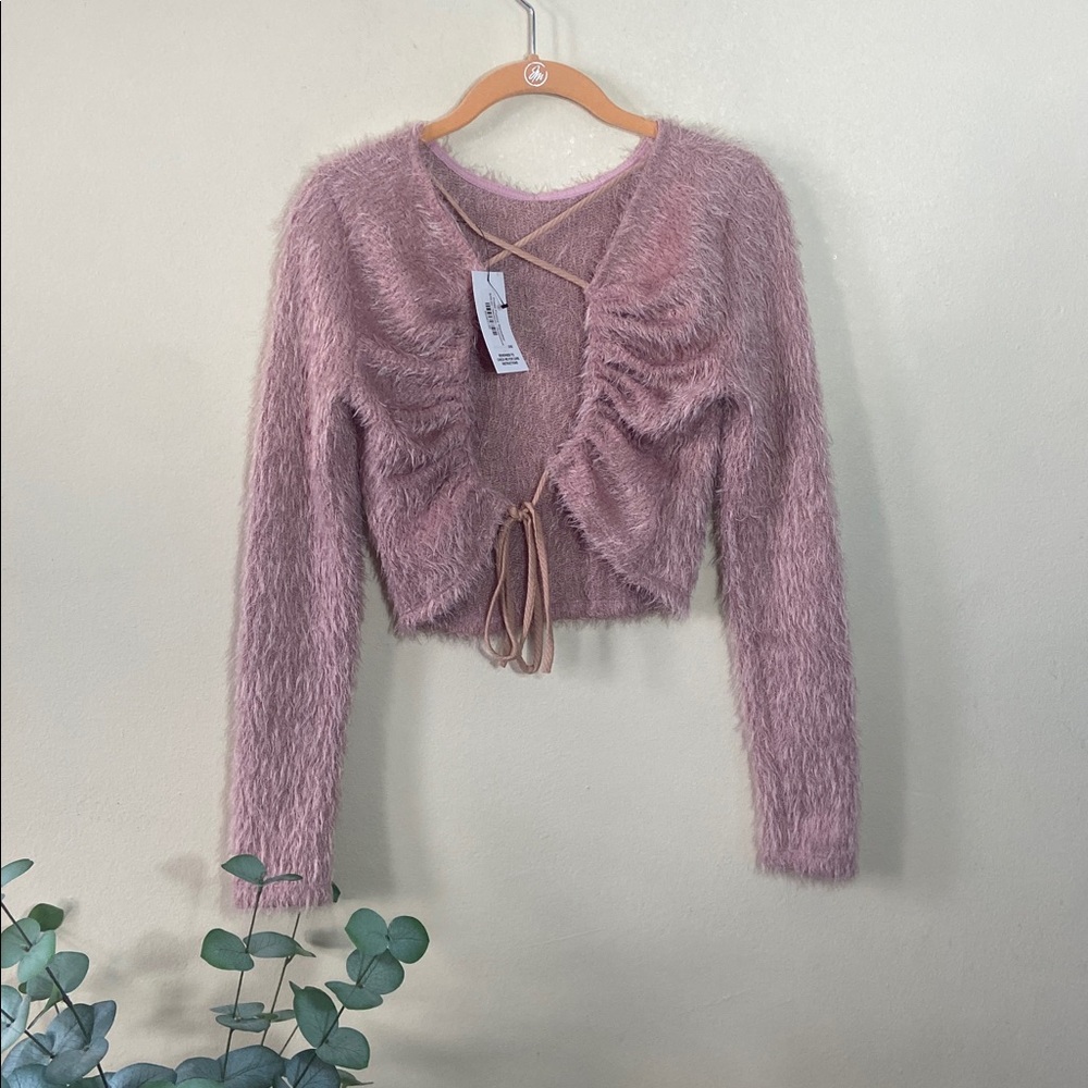New Molly Green Frida Fuzzy Cropped Sweater Rosewood Pink Ruched Tie Back M